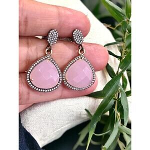 Pink Rose Quartz Dangle Drop 925 Silver Earring Handmade, Two Tone 18k Gold